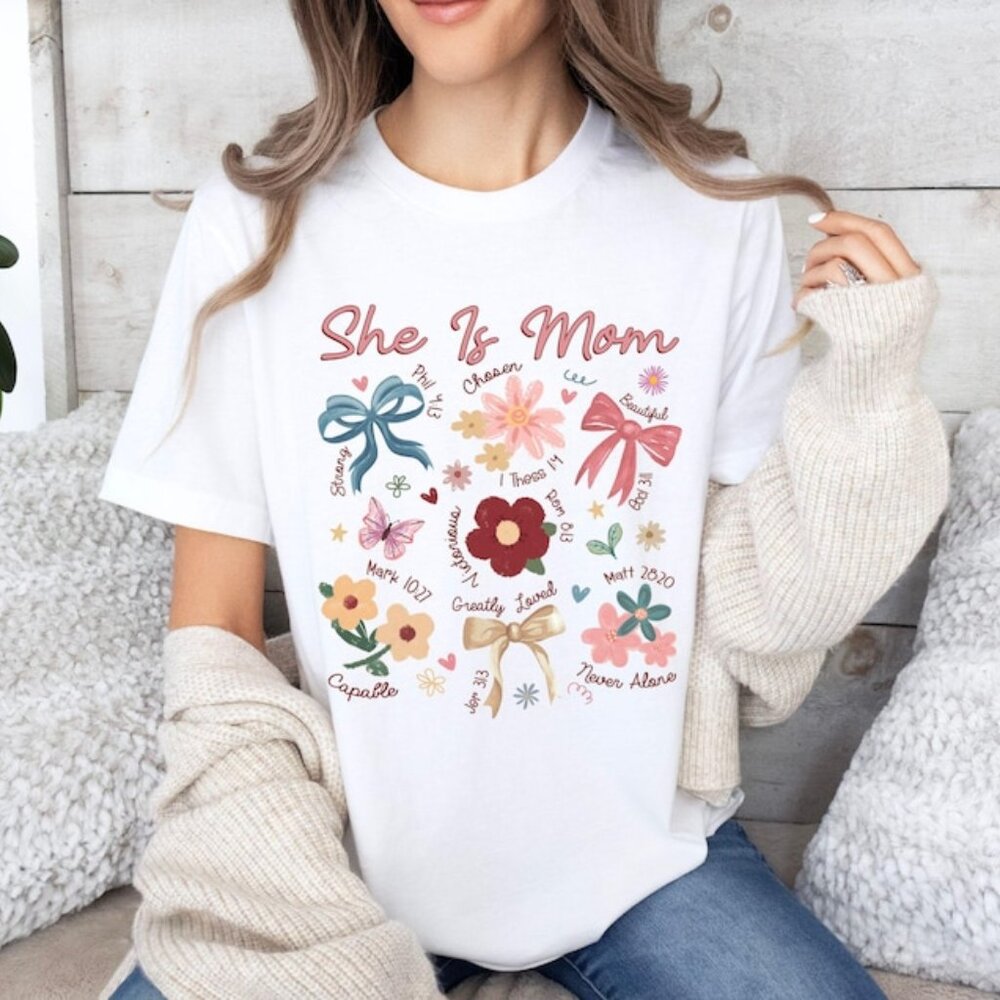 She Is Mom Shirt, Coquette Praying Mama Shirts, Religious Mom Tee